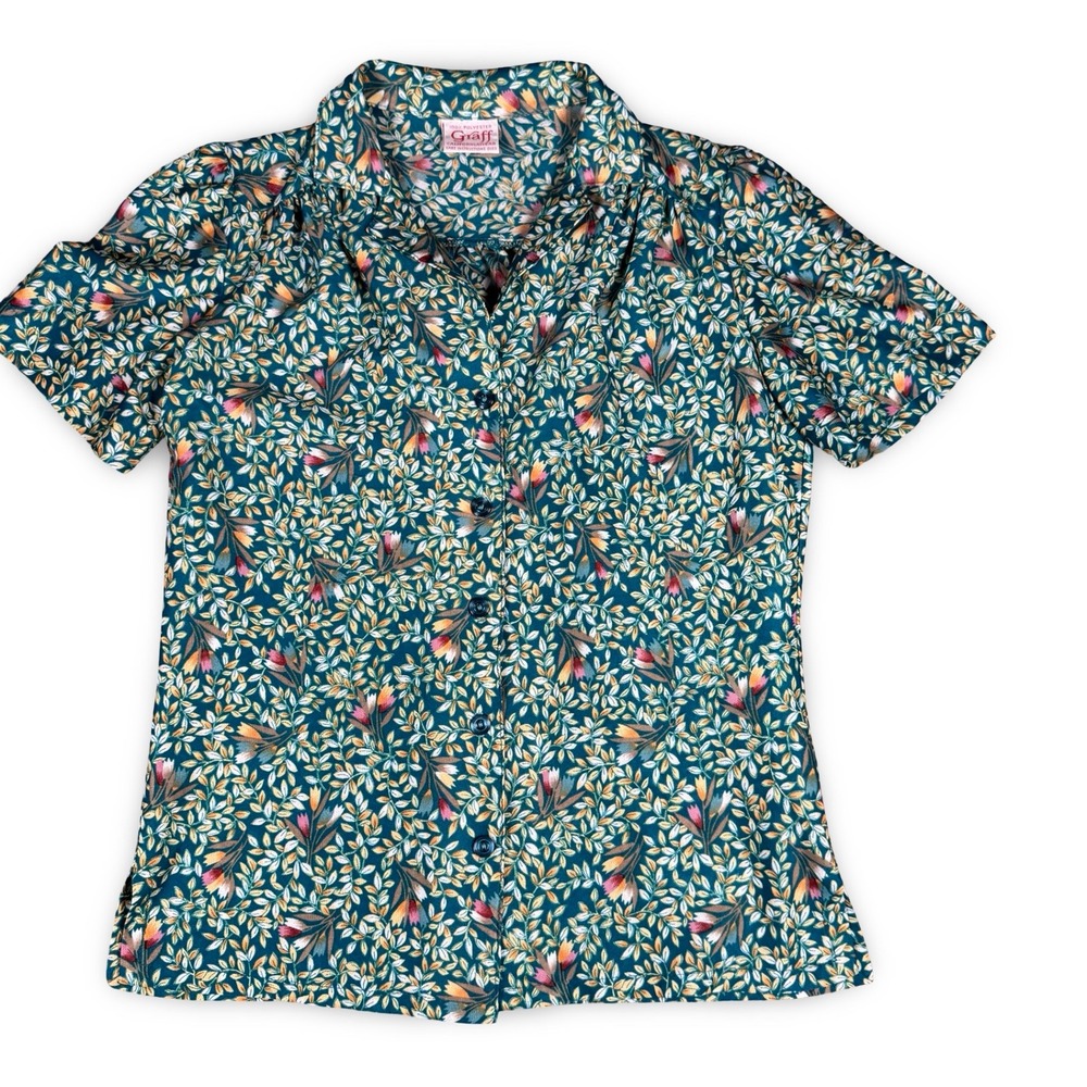 VTG 70s Floral Button Down Blouse Petite Small Graff Californiawear Teal Top